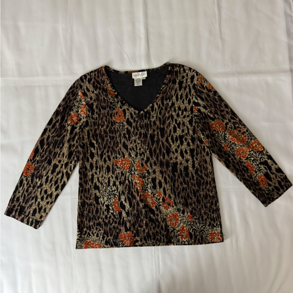 Coldwater Creek Leopard & Floral Patterned V-Neck Blouse - Brown, Black & Orange
